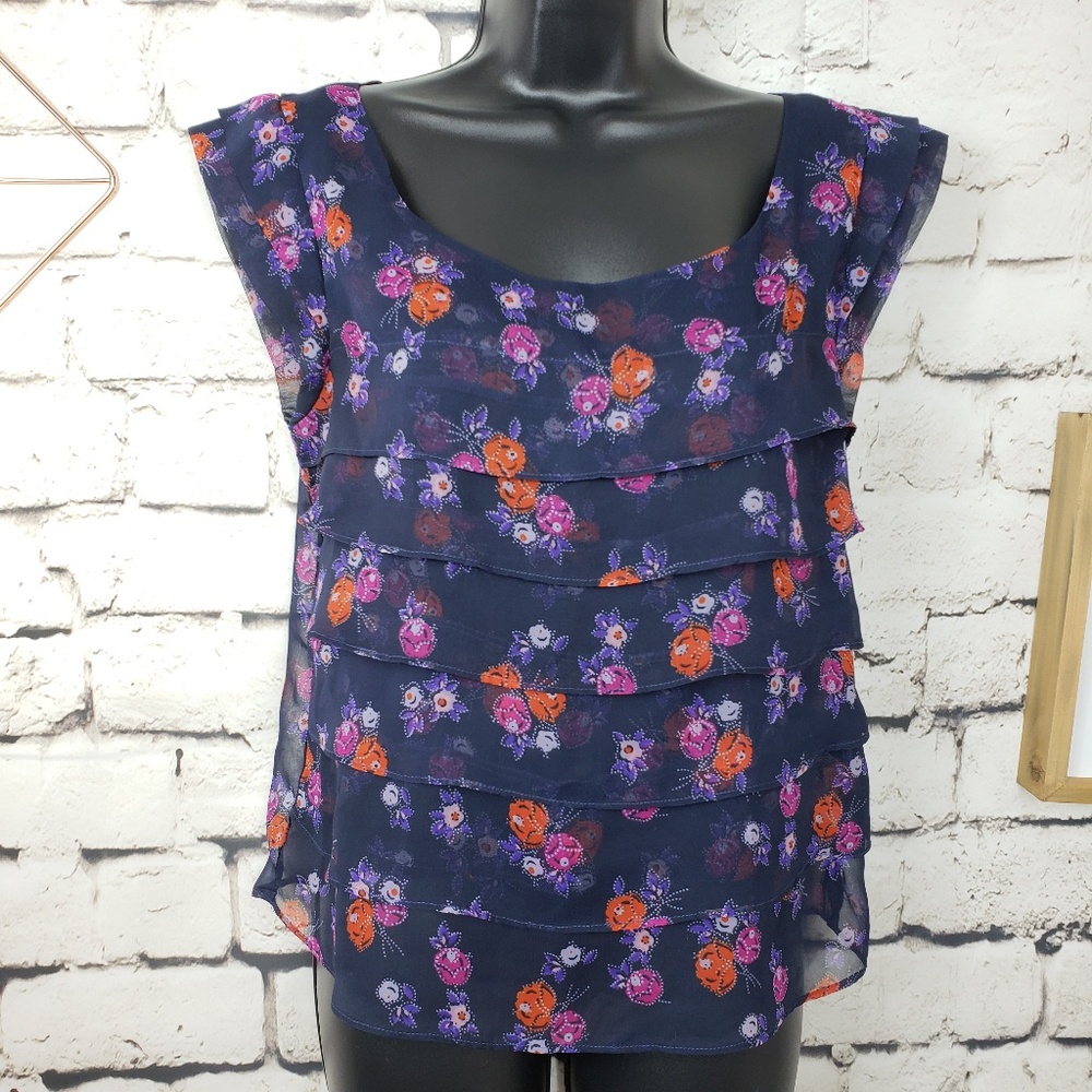 American Eagle Sheer Blue Floral Cap Sleeve Top Sm